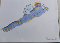 Size: 3215x2272 | Tagged: safe, artist:blackblade360, rainbow dash, pegasus, pony, g4, 2024, atg 2024, blue coat, blue wings, clothes, colored pencil drawing, female, flying, goggles, mare, newbie artist training grounds, paper, photo, signature, solo, spread wings, traditional art, uniform, wings, wonderbolts, wonderbolts uniform