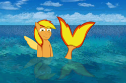Size: 5328x3533 | Tagged: safe, artist:abarekiller2002, oc, oc only, oc:firey ratchet, sea pony, seapony (g4), g4, fin wings, fins, fish tail, male, needs more jpeg, ocean, reflection, solo, swimming, tail, water, wings