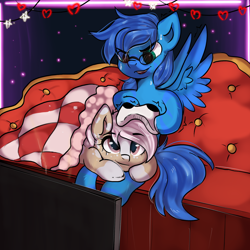 Size: 2048x2048 | Tagged: safe, artist:kristina, oc, oc only, oc:steel warden, earth pony, pegasus, pony, commission, couch, couple, duo, game, love, television, ych result