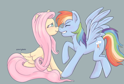 Size: 2048x1393 | Tagged: safe, artist:starryducks, fluttershy, rainbow dash, pegasus, pony, g4, blushing, boop, cute, dashabetes, eyes closed, female, folded wings, lesbian, lidded eyes, mare, noseboop, ship:flutterdash, shipping, shyabetes, signature, sitting, smiling, spread wings, standing, standing on two hooves, teeth, wings