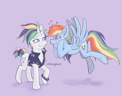 Size: 2048x1616 | Tagged: safe, artist:starryducks, rainbow dash, rarity, pegasus, pony, unicorn, g4, it isn't the mane thing about you, alternate hairstyle, clothes, duo, duo female, dyed mane, female, floating heart, flying, grin, heart, heart eyes, horn, leather, leather vest, lesbian, looking at each other, looking at someone, mare, multicolored hair, no pupils, punk, purple background, raripunk, ship:raridash, shipping, simple background, smiling, smiling at each other, spiked wristband, spread wings, standing, vest, wingding eyes, wings, wristband