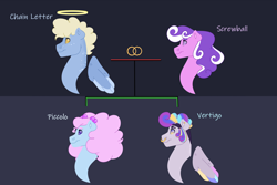 Size: 1280x854 | Tagged: safe, artist:itstechtock, chain letter (g4), screwball, oc, oc:piccolo, oc:vertigo, earth pony, pegasus, pony, g4, dead, female, freckles, halo, male, mare, offspring, parent:chain letter, parent:screwball, shipping, smiling, stallion, wings