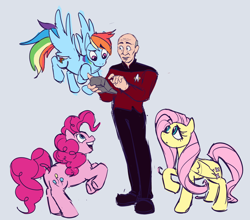 Size: 2048x1803 | Tagged: safe, artist:wizardguy1993, fluttershy, pinkie pie, rainbow dash, earth pony, human, pegasus, pony, g4, backwards cutie mark, balloonbutt, butt, captain picard, crossover, female, flying, grayscale, human male, male, mare, monochrome, open mouth, plot, rearing, star trek, star trek: the next generation, tricorder