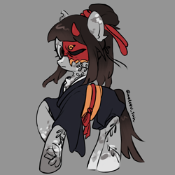 Size: 4096x4096 | Tagged: safe, artist:metaruscarlet, oc, oc only, oc:ohasu, earth pony, pony, chest fluff, clothes, ear fluff, gray background, kimono (clothing), mask, one eye covered, raised hoof, simple background, solo, spotted, tattoo