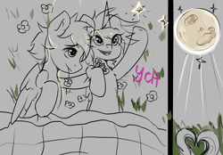 Size: 2360x1640 | Tagged: safe, artist:kristina, oc, alicorn, earth pony, pegasus, pony, unicorn, commission, couple, heart, horn, love, moon, sketch, ych sketch, your character here