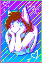 Size: 1365x2048 | Tagged: safe, artist:mscolorsplash, oc, oc only, oc:color splash, pegasus, anthro, abstract background, blush lines, blushing, bust, female, gradient background, hand on cheek, heart, looking at you, mare, solo, white pupils