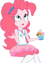 Size: 751x1065 | Tagged: safe, edit, edited screencap, editor:homersimpson1983, screencap, pinkie pie, human, equestria girls, g4, my little pony equestria girls: choose your own ending, tip toppings, background removed, clothes, dessert, female, not a vector, rah rah skirt, simple background, sitting, skirt, solo, transparent background