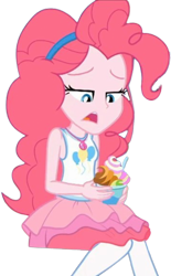 Size: 750x1211 | Tagged: safe, edit, edited screencap, editor:homersimpson1983, screencap, pinkie pie, human, equestria girls, g4, my little pony equestria girls: choose your own ending, tip toppings, tip toppings: fluttershy, background removed, clothes, dessert, female, food, frozen yogurt, not a vector, rah rah skirt, simple background, sitting, skirt, solo, transparent background