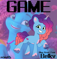 Size: 1194x1242 | Tagged: safe, artist:edy_january, artist:prixy05, edit, edited screencap, editor:edy_january, screencap, misty brightdawn, pony, unicorn, g5, my little pony: tell your tale, alan aztec, album, album cover, belkv, game (song), hardbass, horn, link in description, music, music video, rebirth misty, solo, song, youtube, youtube link, zoom layer