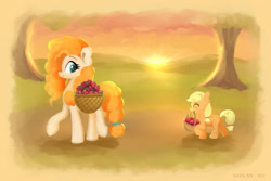 Size: 2400x1600 | Tagged: safe, artist:darksly, applejack, pear butter, earth pony, pony, g4, apple, atg 2024, basket, cute, duo, duo female, female, filly, filly applejack, foal, food, jackabetes, mare, mother and child, mother and daughter, mouth hold, newbie artist training grounds, sunset, walking, younger