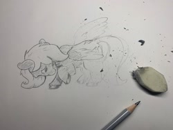 Size: 2048x1536 | Tagged: safe, artist:lost marbles, derpy hooves, pegasus, g4, eraser, newbie artist training grounds, pencil, pencil drawing, sketch, solo, traditional art