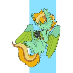 Size: 1000x1000 | Tagged: safe, artist:koidial, oc, oc only, oc:snapshot (sunglooow), pegasus, pony, back fluff, big ears, blank flank, blush lines, blushing, butt fluff, camera, cheek fluff, cloven hooves, colored hooves, colored pupils, colored wings, colored wingtips, ear fluff, ear piercing, earring, eye clipping through hair, fluffy, flying, green eyes, green hooves, green pupils, hock fluff, hooves, jewelry, leg fluff, lidded eyes, long tail, male, multicolored mane, multicolored tail, neck fluff, one eye closed, partially open wings, pegasus oc, piercing, requested art, signature, smiling, solo, stallion, tail, three toned mane, three toned tail, tri-color mane, tri-color tail, tri-colored mane, tri-colored tail, tricolor mane, tricolor tail, tricolored mane, tricolored tail, two toned background, unshorn fetlocks, wing fluff, wings, wink
