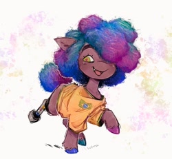 Size: 974x901 | Tagged: safe, artist:lutraviolet, earth pony, pony, abstract background, afro, amputee, blushing, brazil, brown coat, clothes, colored eyebrows, colored hooves, colored pupils, curly mane, curly tail, ear fluff, eyelashes, fangs, foal, green eyes, hair over one eye, hooves, looking back, mismatched hooves, multicolored hooves, multicolored mane, multicolored tail, open mouth, open smile, oversized clothes, oversized shirt, ponified, prosthetic leg, prosthetic limb, prosthetics, qsmp, red pupils, richarlyson (qsmp), shiny hooves, shirt, smiling, solo, standing, standing on two hooves, t-shirt, tail, thick eyebrows, unshorn fetlocks