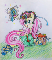 Size: 900x1038 | Tagged: safe, artist:oriwhitedeer, fluttershy, breezie, pegasus, pony, g4, apple, basket, blushing, clothes, deviantart watermark, dress, female, floral head wreath, flower, food, mare, obtrusive watermark, open mouth, open smile, ribbon, smiling, traditional art, watermark, wings