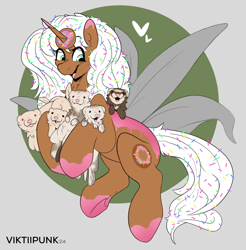 Size: 1590x1617 | Tagged: safe, artist:viktiipunk, oc, oc only, oc:donut daydream, ferret, pony, unicorn, donut, food, holding, horn, looking down, open mouth, smiling, solo, wavy mane