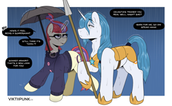 Size: 2678x1647 | Tagged: safe, artist:viktiipunk, moondancer, oc, pony, unicorn, g4, bags under eyes, bully, bullying, clothes, dialogue, glasses, glowing, glowing horn, horn, magic, rain, raised hoof, royal guard, spear, sweater, tired, tired eyes, trotting, umbrella, weapon, wet, wet mane