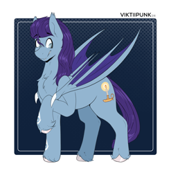 Size: 1455x1470 | Tagged: safe, artist:viktiipunk, oc, oc only, oc:wax n' wane, bat pony, pony, chest fluff, fangs, folded wings, looking down, raised hoof, smiling, solo, standing, unshorn fetlocks, wings