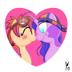 Size: 2048x2048 | Tagged: safe, artist:jesslmc16, izzy moonbow, sunny starscout, earth pony, unicorn, g5, beanie, boop, bust, coat markings, concept design, cute, duo, duo female, eyes closed, female, freckles, goggles, hat, heart, horn, izzybetes, lesbian, looking at each other, looking at someone, markings, multicolored hair, noseboop, ponytail, portrait, ship:moonscout, shipping, signature, smiling, smiling at each other, sunnybetes