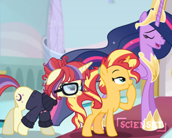 Size: 3464x2771 | Tagged: safe, artist:scienset, edit, edited screencap, screencap, moondancer, sunset shimmer, twilight sparkle, alicorn, pony, unicorn, g4, clothes, crown, female, high res, hoof shoes, horn, jewelry, mare, older, older moondancer, older sunset, older twilight, older twilight sparkle (alicorn), peytral, princess shoes, regalia, sweater, trio, trio female, twilight sparkle (alicorn)