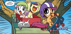 Size: 1011x488 | Tagged: safe, artist:agnes garbowska, idw, official comic, apple bloom, scootaloo, sweetie belle, earth pony, pegasus, pony, unicorn, g4, spoiler:comic, spoiler:comic60, cart, clubhouse, crusaders clubhouse, cutie mark crusaders, female, filly, foal, helmet, horn, open mouth, open smile, scooter, smiling, spread wings, wings