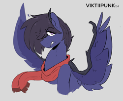 Size: 1063x876 | Tagged: safe, artist:viktiipunk, oc, oc only, oc:fenris ebonyglow, original species, pegasus, pony, timber pony, timber wolf, angry, clothes, fangs, hair over one eye, looking at you, scarf, solo, spread wings, wings