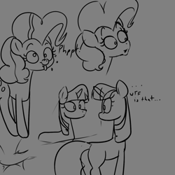 Size: 1155x1155 | Tagged: safe, artist:this_sl0th, pinkie pie, twilight sparkle, earth pony, pony, unicorn, g4, butt, female, horn, mare, onomatopoeia, plot, raspberry, raspberry noise, sketch, sketch dump, tongue out, twibutt