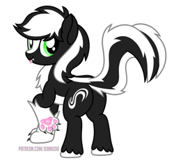 Size: 6415x6000 | Tagged: safe, artist:jennieoo, oc, oc only, oc:zenawa skunkpony, earth pony, hybrid, skunk, skunk pony, absurd resolution, breaking the fourth wall, butt, chest fluff, claws, countershading, cute, earth pony oc, fangs, featureless crotch, fourth wall, hybrid oc, looking at you, looking back, looking back at you, male, paw pads, paws, plot, raised leg, raised tail, show accurate, simple background, smiling, smiling at you, solo, stallion, tail, tongue out, transparent background, unshorn fetlocks