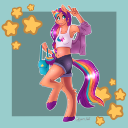 Size: 3000x3000 | Tagged: safe, artist:pidgeon_fluff, sunny starscout, anthro, unguligrade anthro, g5, abstract background, belly button, clothes, jacket, mane stripe sunny, midriff, solo, sunny's bag, tank top