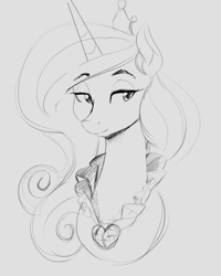 Size: 2182x2731 | Tagged: safe, artist:thelunarmoon, princess cadance, alicorn, pony, g4, bust, collar shirt, eyebrows, eyebrows visible through hair, female, grayscale, high res, lidded eyes, mare, monochrome, pencil drawing, solo, traditional art