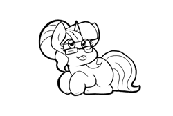 Size: 1301x874 | Tagged: safe, artist:zutcha, sci-twi, twilight sparkle, pony, unicorn, g4, :p, cute, female, glasses, grayscale, horn, human to pony, lying down, mare, monochrome, ponyloaf, prone, simple background, solo, tongue out, transformation, transformation sequence, twiabetes, unicorn sci-twi, white background