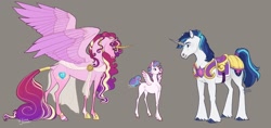 Size: 1920x910 | Tagged: safe, artist:solkatt-arts, princess cadance, princess flurry heart, shining armor, alicorn, pony, unicorn, g4, cloven hooves, concave belly, curved horn, family, female, filly, filly flurry heart, foal, gray background, height difference, hoers, horn, horn ring, large wings, long horn, long legs, male, mare, older, older flurry heart, physique difference, ring, ship:shiningcadance, shipping, simple background, slender, smiling, spread wings, stallion, straight, thin, thin legs, trio, unshorn fetlocks, wings