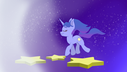 Size: 3984x2268 | Tagged: safe, artist:nedemai, oc, oc only, pony, unicorn, atg 2024, eyes closed, high res, horn, newbie artist training grounds, smiling, solo, stars, windswept mane