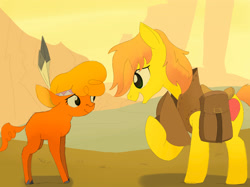 Size: 2732x2048 | Tagged: safe, artist:mandumustbasukanemen, braeburn, little strongheart, bison, buffalo, pony, g4, over a barrel, atg 2024, duo, duo male and female, feather, female, looking at each other, looking at someone, male, nervous, newbie artist training grounds, scene interpretation, smiling, stallion