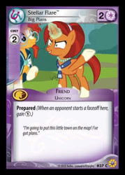 Size: 344x480 | Tagged: safe, enterplay, stellar flare, sunburst, pony, unicorn, friends forever (set), g4, my little pony collectible card game, ccg, duo, female, glasses, horn, male, mare, mother and child, mother and son, raised hoof, solo focus, stallion