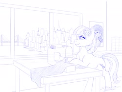 Size: 1920x1440 | Tagged: safe, artist:novaintellus, coco pommel, earth pony, pony, g4, atg 2024, bipedal, bipedal leaning, female, leaning, looking out the window, manehattan, mare, monochrome, newbie artist training grounds, sewing machine, simple background, solo, white background, window