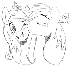 Size: 3000x3000 | Tagged: safe, artist:texacity, big macintosh, princess cadance, alicorn, earth pony, pony, g4, bust, cadmac, cheek kiss, duo, duo male and female, eyes closed, female, grayscale, heart, heart eyes, infidelity, kissing, male, monochrome, one eye closed, open mouth, open smile, shipping, simple background, sketch, smiling, straight, white background, wingding eyes