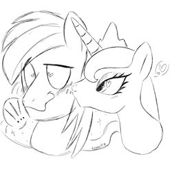 Size: 3000x3000 | Tagged: safe, artist:texacity, big macintosh, princess luna, alicorn, earth pony, pony, g4, bust, cheek kiss, duo, duo male and female, female, grayscale, heart, heart eyes, kissing, male, mare, monochrome, ship:lunamac, shipping, sketch, smiling, straight, wavy mouth, wingding eyes