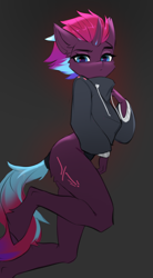 Size: 786x1419 | Tagged: safe, artist:vensual99, oc, oc only, oc:tempest revenant, unicorn, anthro, unguligrade anthro, clothes, female, hoodie, horn, looking at you, simple background, solo