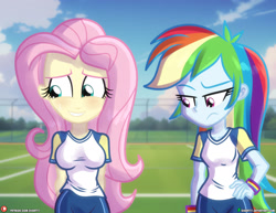 Size: 1942x1500 | Tagged: safe, artist:dieart77, fluttershy, rainbow dash, human, equestria girls, g4, avoiding eye contact, blushing, breast envy, breasts, busty fluttershy, clothes, cloud, duo, duo female, female, fence, field, frown, grin, hand on hip, jealous, nervous, nervous smile, outdoors, shirt, signature, sky, smiling, sports outfit, uniform, wristband