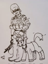 Size: 1525x2048 | Tagged: safe, artist:pony quarantine, oc, oc only, earth pony, human, pony, duo, duo male and female, female, grayscale, gun, head pat, male, mare, monochrome, pat, pen drawing, rifle, soldier, traditional art, weapon