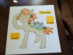 Size: 4080x3072 | Tagged: safe, artist:anonymous, oc, oc only, oc:thursday, earth pony, pony, clothes, drawthread, female, flower, flower in hair, mare, raised foreleg, raised hoof, raised leg, simple background, smiling, solo, summer, touching head, traditional art, white background, wingding eyes