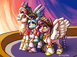 Size: 2424x1780 | Tagged: safe, artist:arky2000, misty brightdawn, pipp petals, zipp storm, pegasus, pony, unicorn, g5, crown, female, height difference, high res, hoof shoes, horn, horn ring, jewelry, mare, necklace, peytral, pipp is short, princess shoes, rebirth misty, regalia, ring, royal sisters (g5), siblings, sisters, spread wings, step-siblings, step-sisters, sunset, trio, trio female, wings, zipp is tall