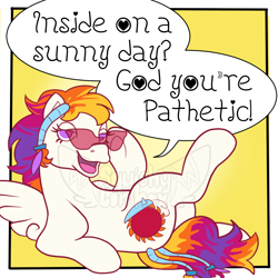 Size: 1050x1050 | Tagged: safe, artist:squishy-lombax, sunny daze (g3), pegasus, pony, g3, alone on a friday night? god you're pathetic, crossed legs, dialogue, female, gradient background, hoof hold, lidded eyes, lying down, mare, meme, obtrusive watermark, on back, open mouth, open smile, ponified meme, race swap, smiling, smug, solo, speech bubble, sunglasses, talking to viewer, watermark