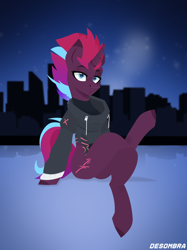 Size: 3236x4320 | Tagged: safe, artist:desombra, oc, oc only, oc:tempest revenant, unicorn, city, cityscape, clothes, crossed legs, hoodie, horn, looking at you, night, not tempest shadow, solo