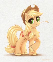 Size: 1700x2000 | Tagged: safe, artist:scheadar, applejack, earth pony, pony, g4, chest fluff, crossed hooves, ear fluff, eyebrows, eyebrows visible through hair, female, full body, hock fluff, looking at you, mare, paper background, smiling, smiling at you, solo, standing, straw in mouth, unshorn fetlocks