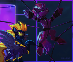 Size: 1680x1440 | Tagged: safe, artist:anoraknr, oc, oc only, oc:blaze (shadowbolt), oc:tempest revenant, pegasus, unicorn, angry, bondage, chest fluff, collar, duo, horn, looking at each other, looking at someone, rope, rope bondage, shadowbolts, shibari, underhoof