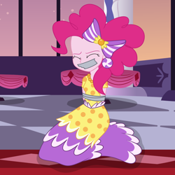 Size: 2000x2000 | Tagged: safe, artist:nie-martw-sie-o-mnie, part of a set, pinkie pie, human, equestria girls, g4, make new friends but keep discord, bondage, bound and gagged, bow, clothes, dress, eyes closed, female, femsub, gag, gala dress, hair bow, kneeling, long dress, long skirt, pinkiesub, skirt, solo, submissive, tape, tape bondage, tape gag