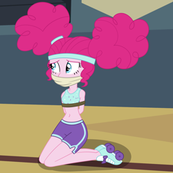 Size: 2000x2000 | Tagged: safe, artist:nie-martw-sie-o-mnie, part of a set, pinkie pie, human, equestria girls, g4, scare master, afro puffs, alternate hairstyle, bondage, bound and gagged, cloth gag, clothes, costume, female, femsub, gag, halloween, halloween costume, kneeling, midriff, nightmare night costume, pinkie puffs, pinkiesub, roller skates, rope, rope bondage, shorts, skates, solo, submissive, sweatband