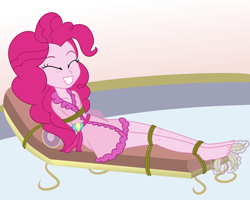 Size: 2500x2000 | Tagged: safe, artist:nie-martw-sie-o-mnie, part of a set, pinkie pie, human, equestria girls, g4, bathrobe, bondage, clothes, eyes closed, feather, feet, female, femsub, foot tickling, pinkiesub, robe, rope, rope bondage, solo, spa, submissive, tickling, tied down