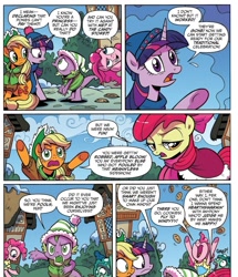 Size: 1076x1253 | Tagged: safe, artist:brenda hickey, apple bloom, applejack, pinkie pie, spike, twilight sparkle, alicorn, dragon, earth pony, pony, g4, spoiler:comic, spoiler:comicholiday2017, angry, apple bloom is not amused, applejack is not amused, cookie, food, ponyville, snow, spike is not amused, twilight sparkle (alicorn), unamused